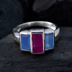 Gabriela abstract multicolor trilogy ring with blue and pink rectangular stones in silver setting
