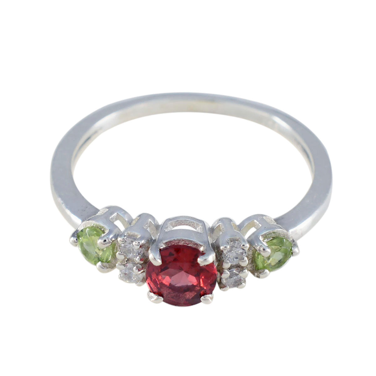 Meera abstract multicolor trilogy ring with red center stone, green side stones, and silver band