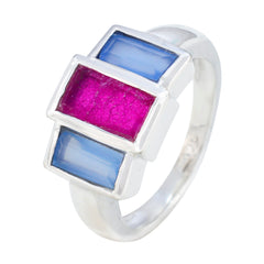 Gabriela abstract multicolor trilogy ring with rectangular blue and pink stones set in silver band