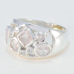 Isla sterling silver band with abstract pink gemstone ring featuring mixed shaped rose quartz and small diamond accents