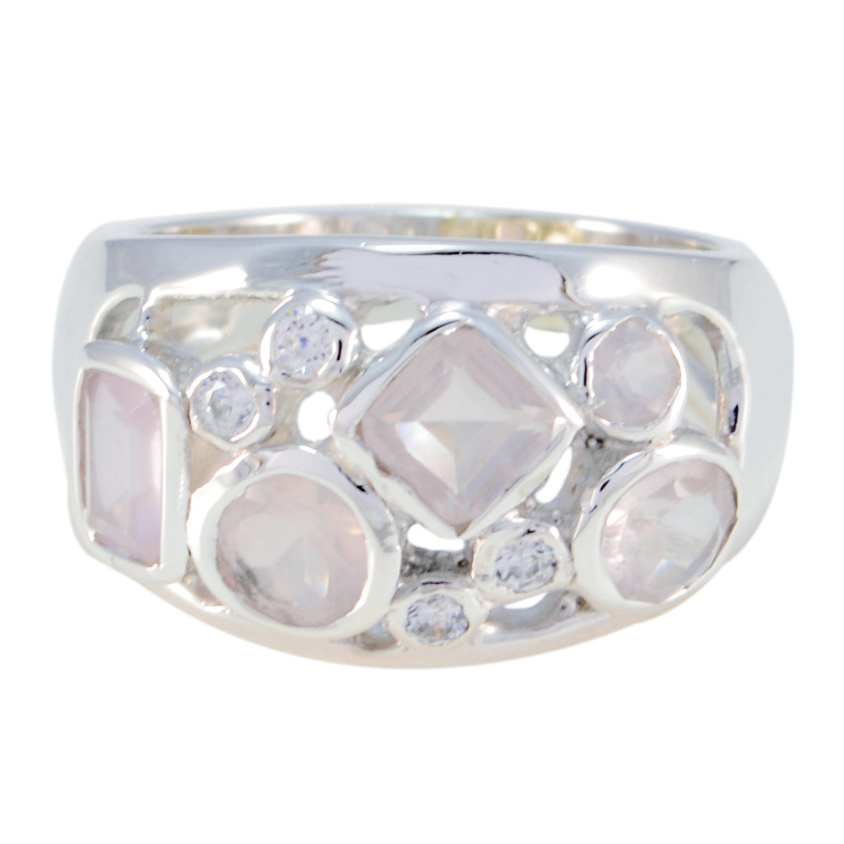 Isla silver band abstract pink gemstone ring with mixed geometric stones and clear accent gems