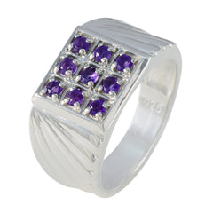 Ellie abstract purple gemstone ring with nine square-set purple stones on silver band