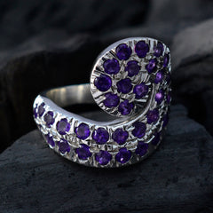 Nia silver abstract purple gemstone ring with multiple round purple stones in spiral design