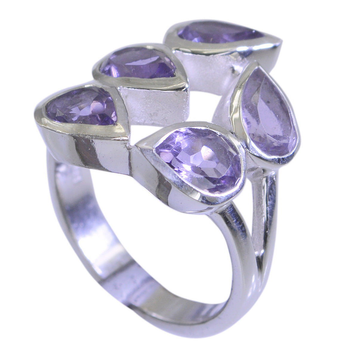 Cecilia abstract purple gemstone ring featuring multiple pear-shaped purple stones set in silver band