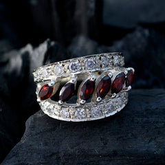 Katarina abstract red gemstone ring with marquise red stones and pave crystal band in silver