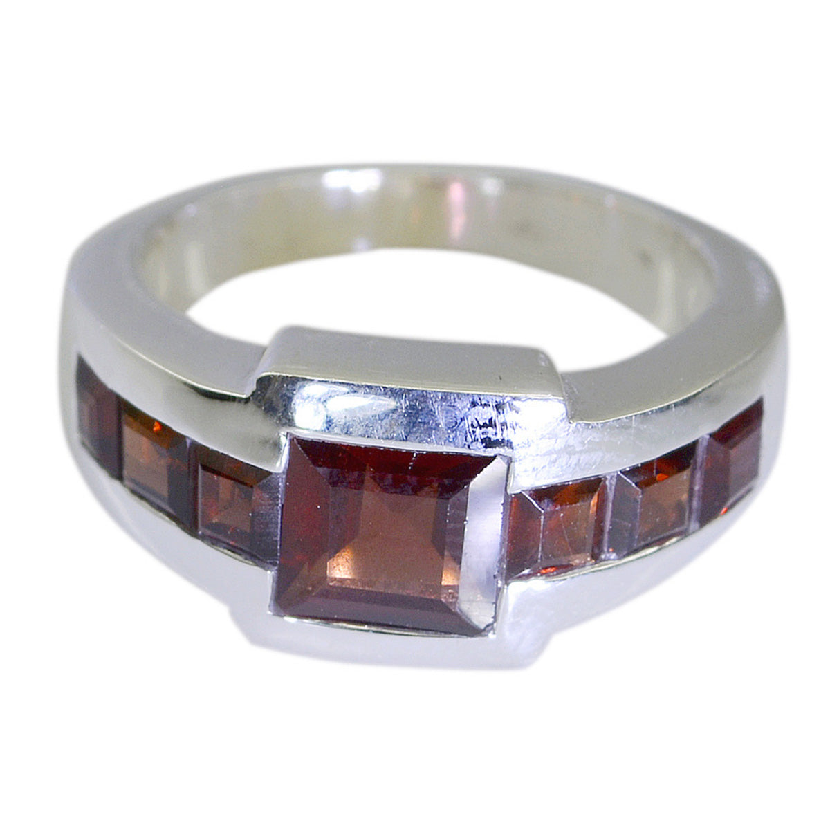 Bruna abstract red gemstone ring with square center stone and smaller red stones on silver band