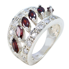 Katarina abstract red gemstone ring sterling silver band with marquise red stones and clear accent stones