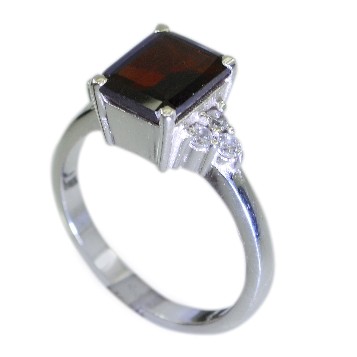 Liyana abstract red halo ring with square red gemstone and silver band with small clear stones