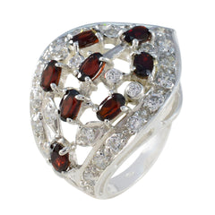 Rosa abstract red stone ring with multiple red stones and clear crystals in silver setting