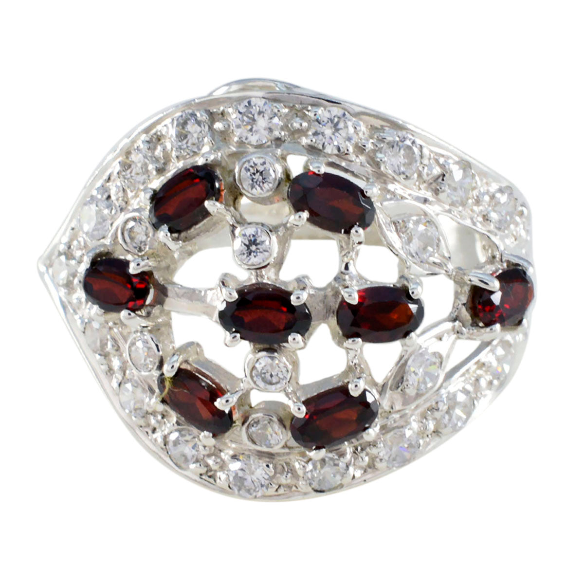 Rosa abstract red stone ring with multiple red stones and clear accents in silver setting