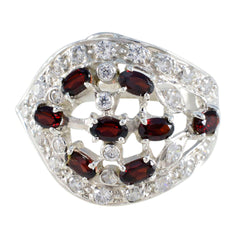 Rosa abstract red stone ring with multiple red stones and clear accents in silver setting