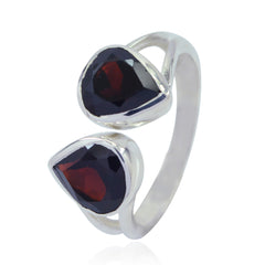 Araya abstract red toi et moi ring with two pear shaped deep red gemstones set in sterling silver band
