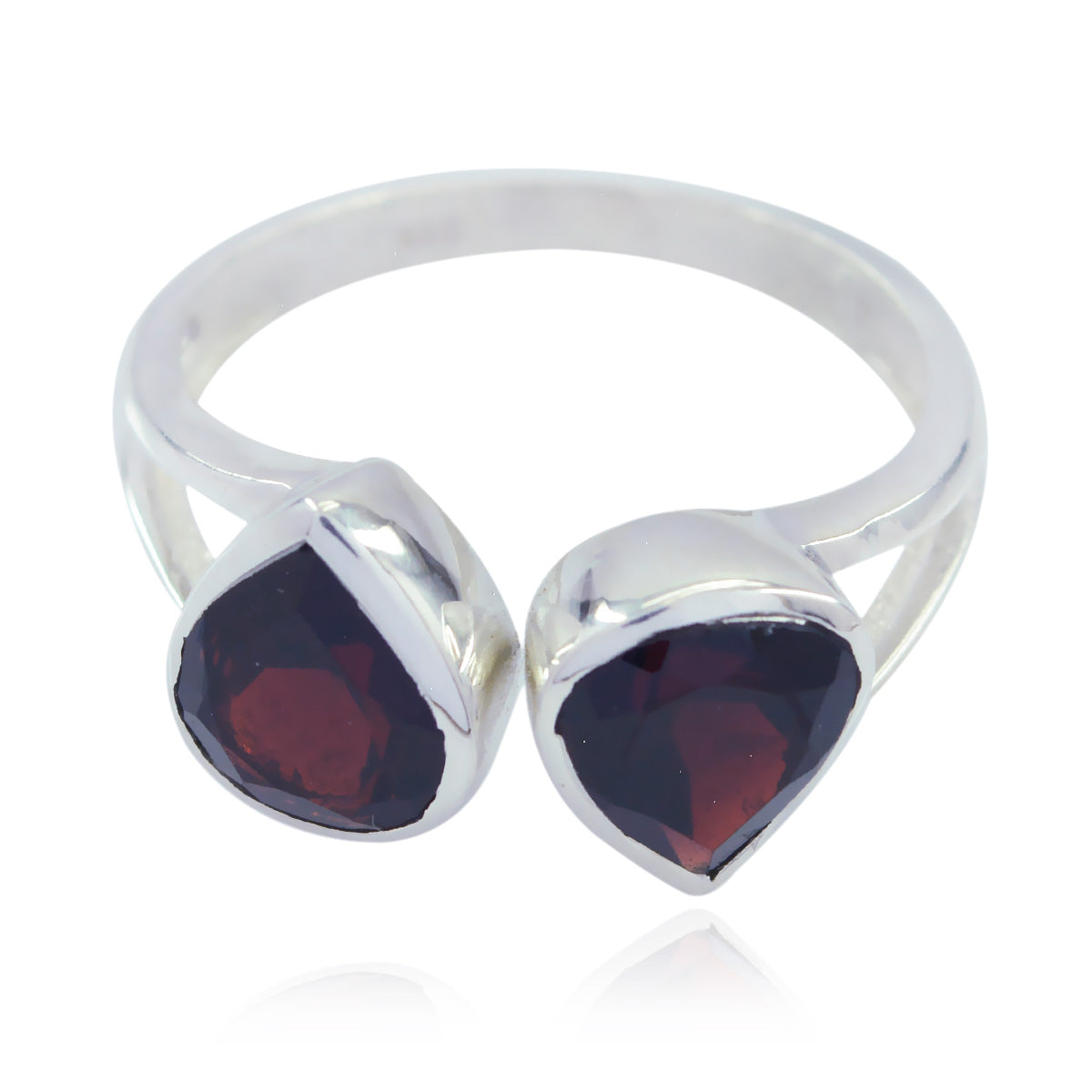 Araya sterling silver open band abstract red toi et moi ring with two deep red pear shaped gemstones