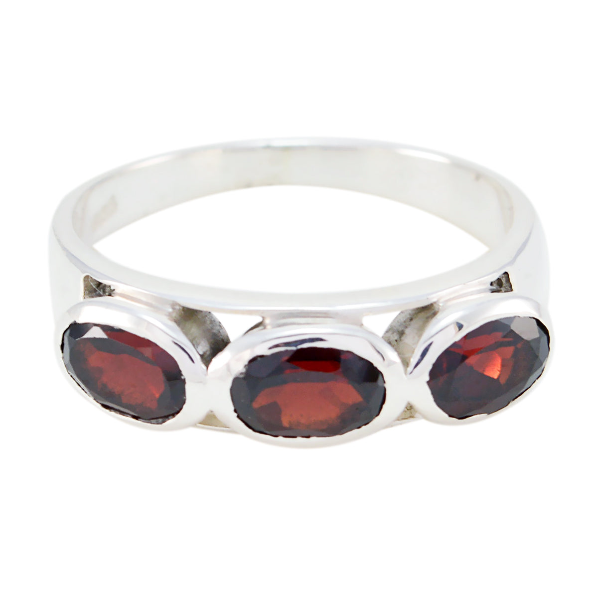 Saanvi abstract red trilogy ring with three oval red gemstones set in silver band