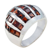 Hannah antique red gemstone ring silver domed band with three staggered rows of square red stones