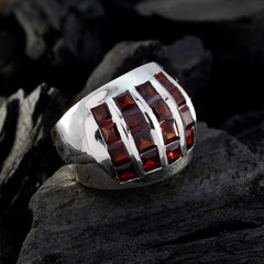 Hannah antique red gemstone ring wide polished silver band with three rows of square deep red stones