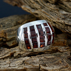 Hannah antique red gemstone ring silver wide band with three rows of square deep red stones