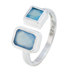 Lakshmi silver ring featuring aqua gemstone toi et moi ring design with two rectangular blue stones