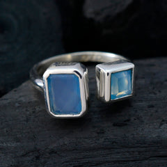 Lakshmi aqua gemstone toi et moi ring with two blue rectangular stones set in silver band