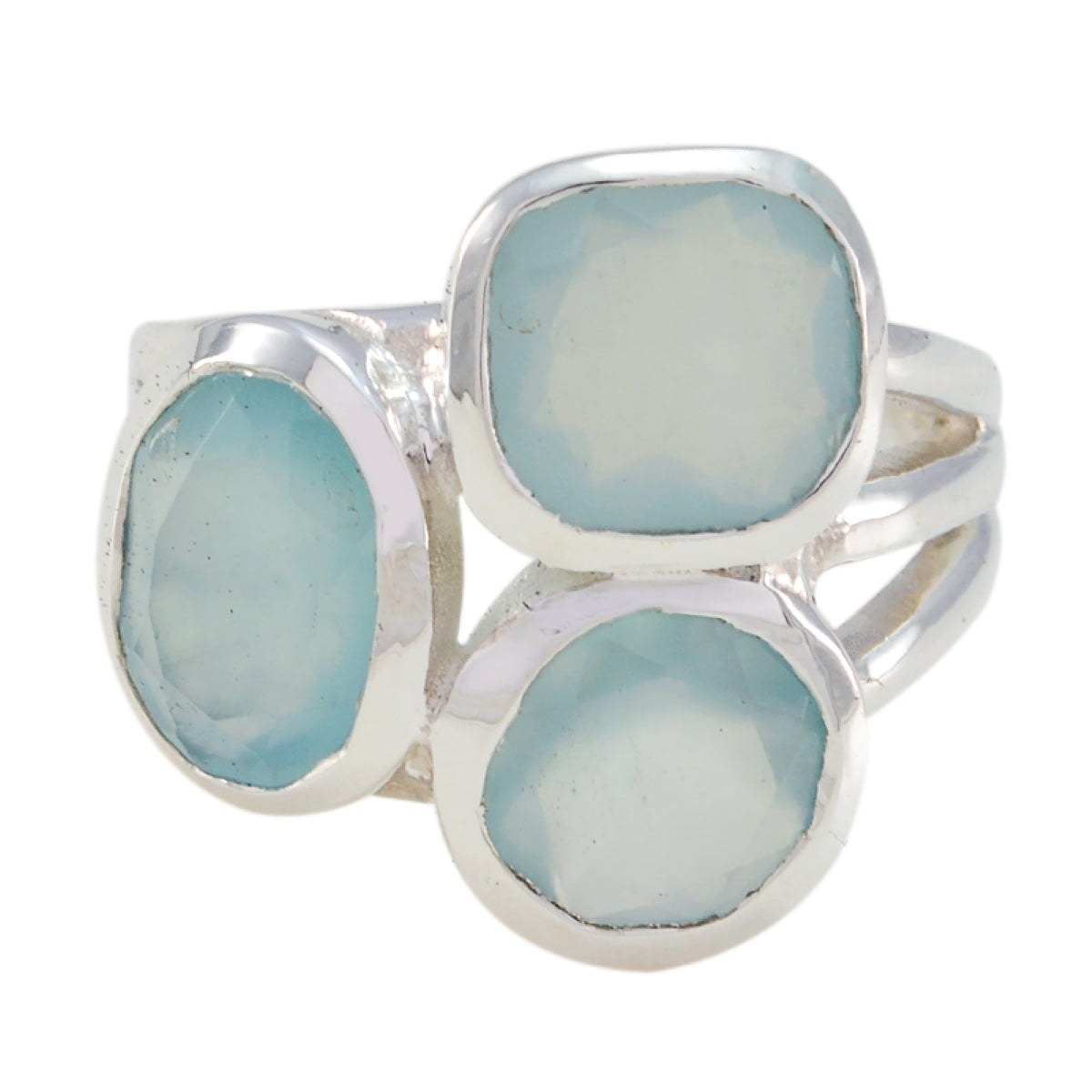 Sarah aqua gemstone trilogy ring with three light blue stones set in silver band