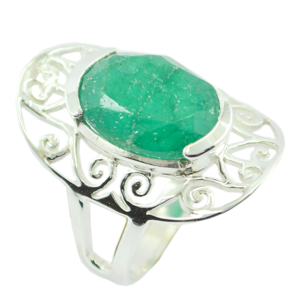 Yasmin Art Deco Green Solitaire Ring with Silver Design Indian Emerald Green