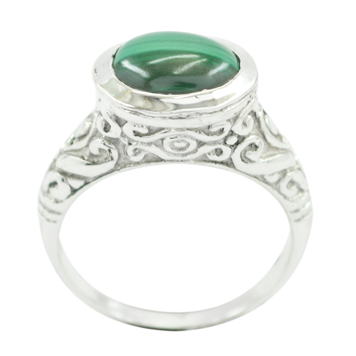 Aisha Art Deco Green Solitaire Ring in Sterling Silver Malachite Green