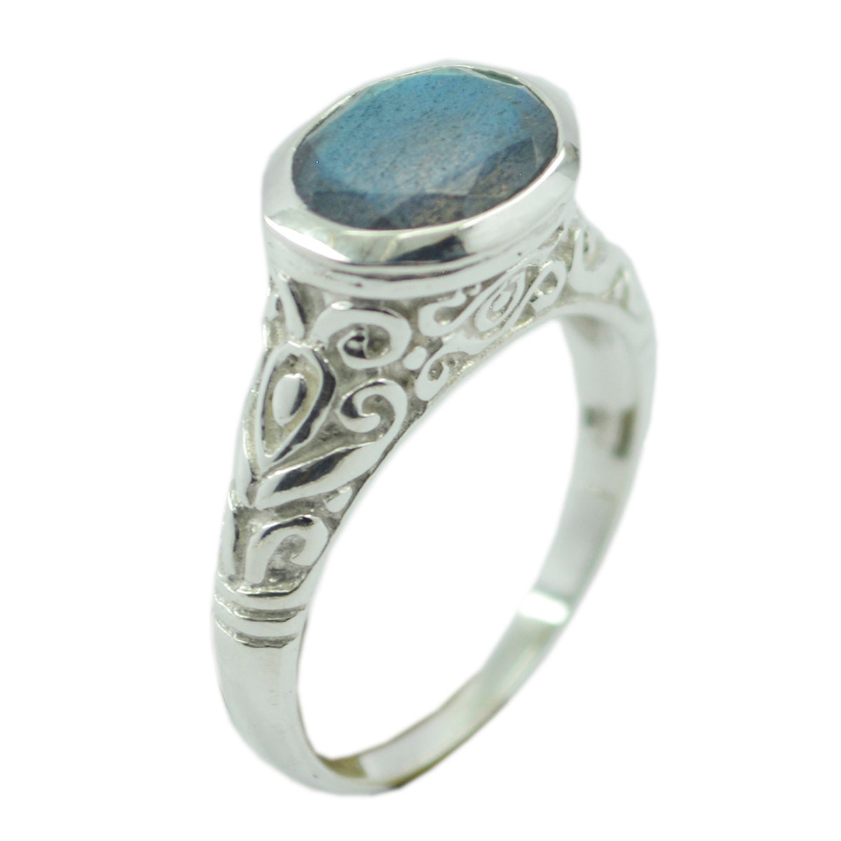 Alice Art Deco Grey Solitaire Ring with Intricate Design Labradorite Gray