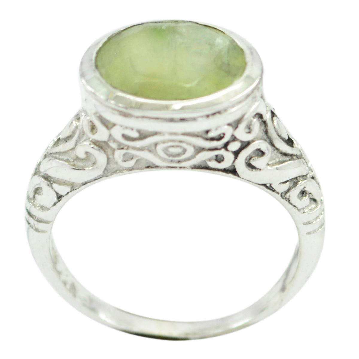 Amelia Art Deco Light Green Ring with Silver Design Prehnite Green