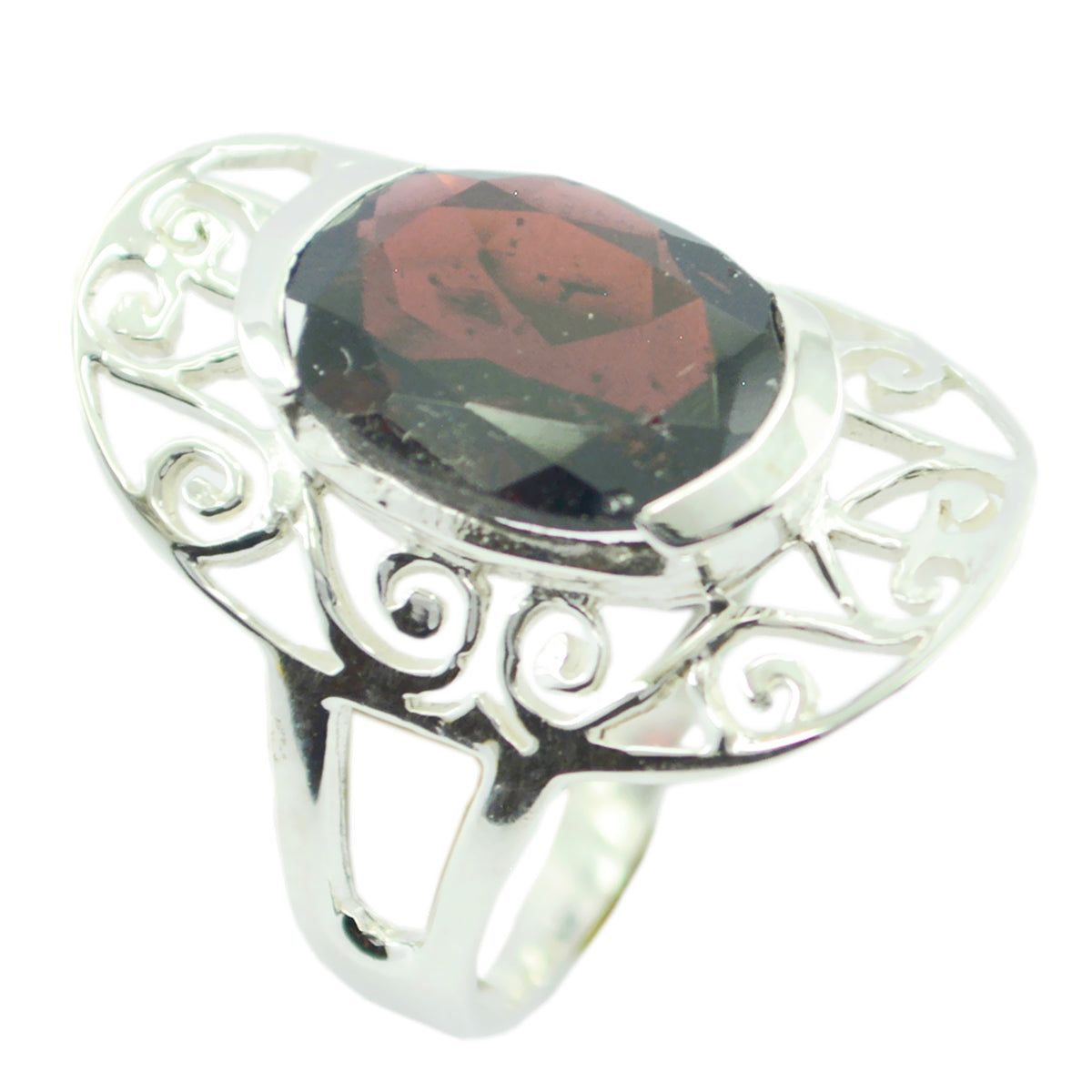 Nayara Art Deco Red Solitaire Ring with Silver Filigree Garnet Red