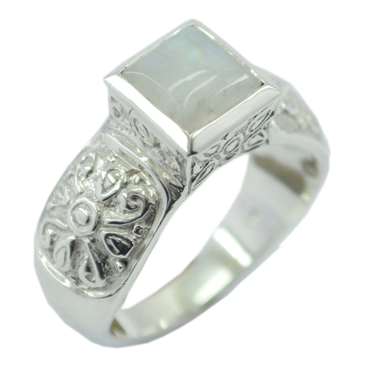 Riley Art Deco White Solitaire Ring Rainbow Moonstone White