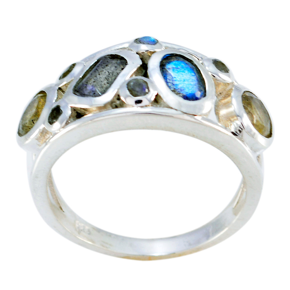 Sofia artisan grey gemstone ring featuring multiple polished grey and blue stones in silver setting