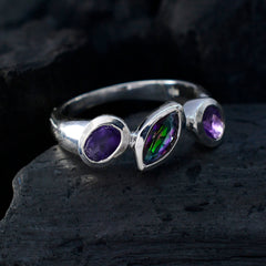 Araya artisan multicolor gemstone ring with purple and green stones set in silver band