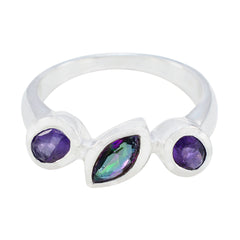 Araya artisan multicolor gemstone ring with silver band and purple and green stones