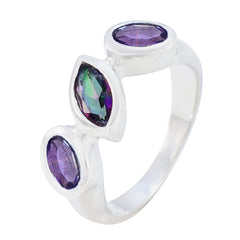 Araya artisan multicolor gemstone ring with silver band featuring three vibrant gemstones