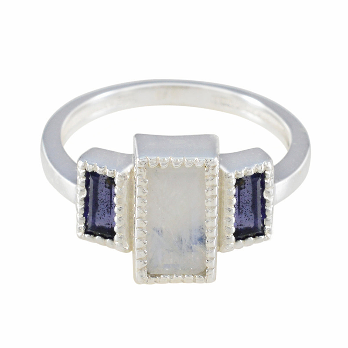 Maria artisan multicolor trilogy ring with rectangular central stone and two dark side stones in silver setting