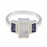 Maria artisan multicolor trilogy ring with rectangular central stone and two dark side stones in silver setting