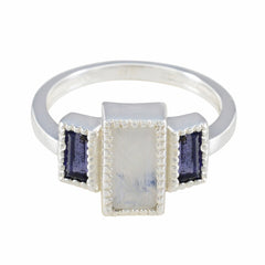 Maria artisan multicolor trilogy ring with rectangular central stone and two dark side stones in silver setting