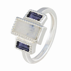 Silver artisan multicolor trilogy ring by Maria with rectangular gemstones in blue and white