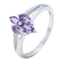 Layla sterling silver artisan purple gemstone ring with four marquise amethyst stones in cluster on split shank band