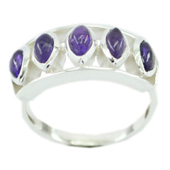 Constanza artisan purple gemstone ring with five marquise-cut purple stones set in silver band