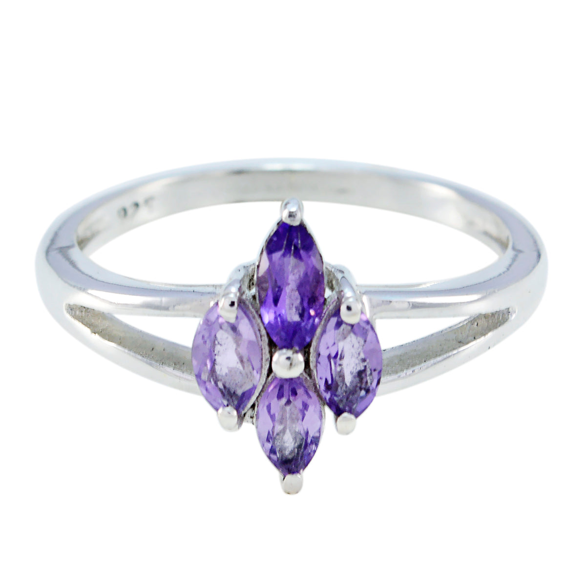 Layla artisan purple gemstone ring with four marquise amethyst stones set in sterling silver split shank