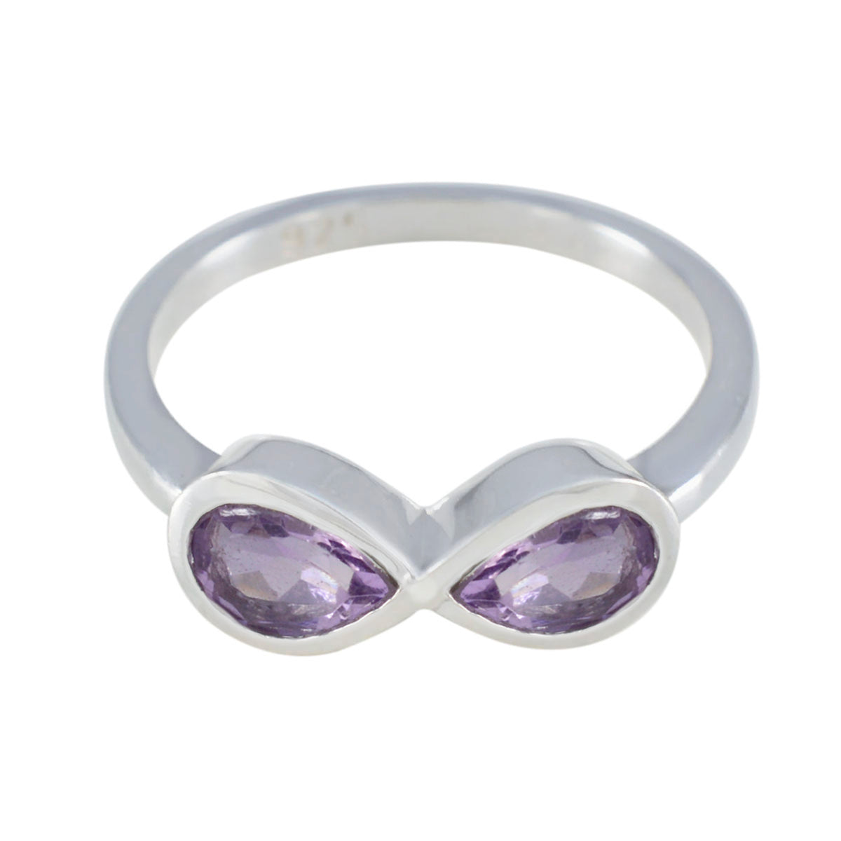 Haruka artisan purple gemstone ring with two pear-shaped purple stones set in silver infinity design