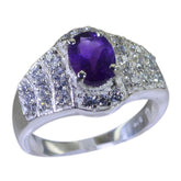 Yasmine artisan purple halo ring with sterling silver band, oval amethyst center and pave diamond accents