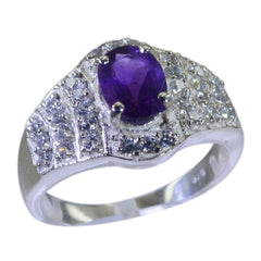 Yasmine artisan purple halo ring with sterling silver band, oval amethyst center and pave diamond accents