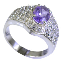 Yasmine artisan purple halo ring with faceted purple center stone and pave crystal silver band