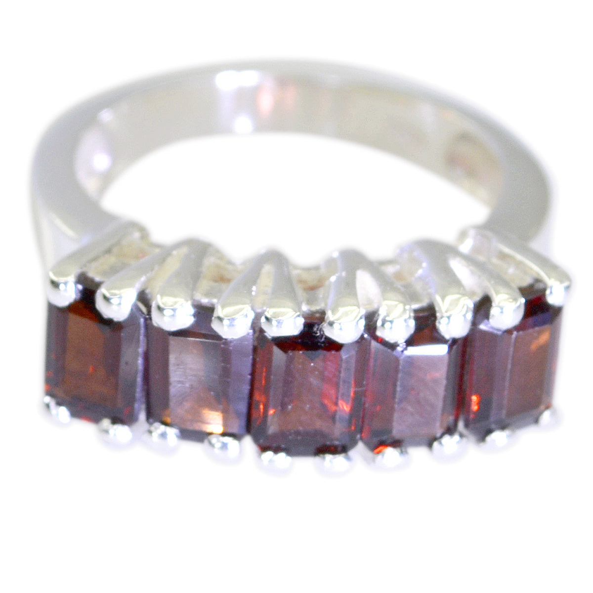 Katarina artisan red gemstone ring with six rectangular red stones set in silver band