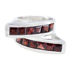 Isla artisan red gemstone ring with square red stones set in a silver band design