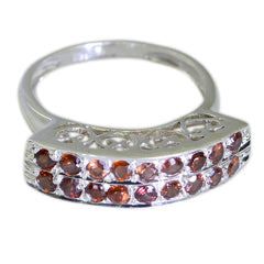 Claire artisan red gemstone ring with double row of red stones set in silver band