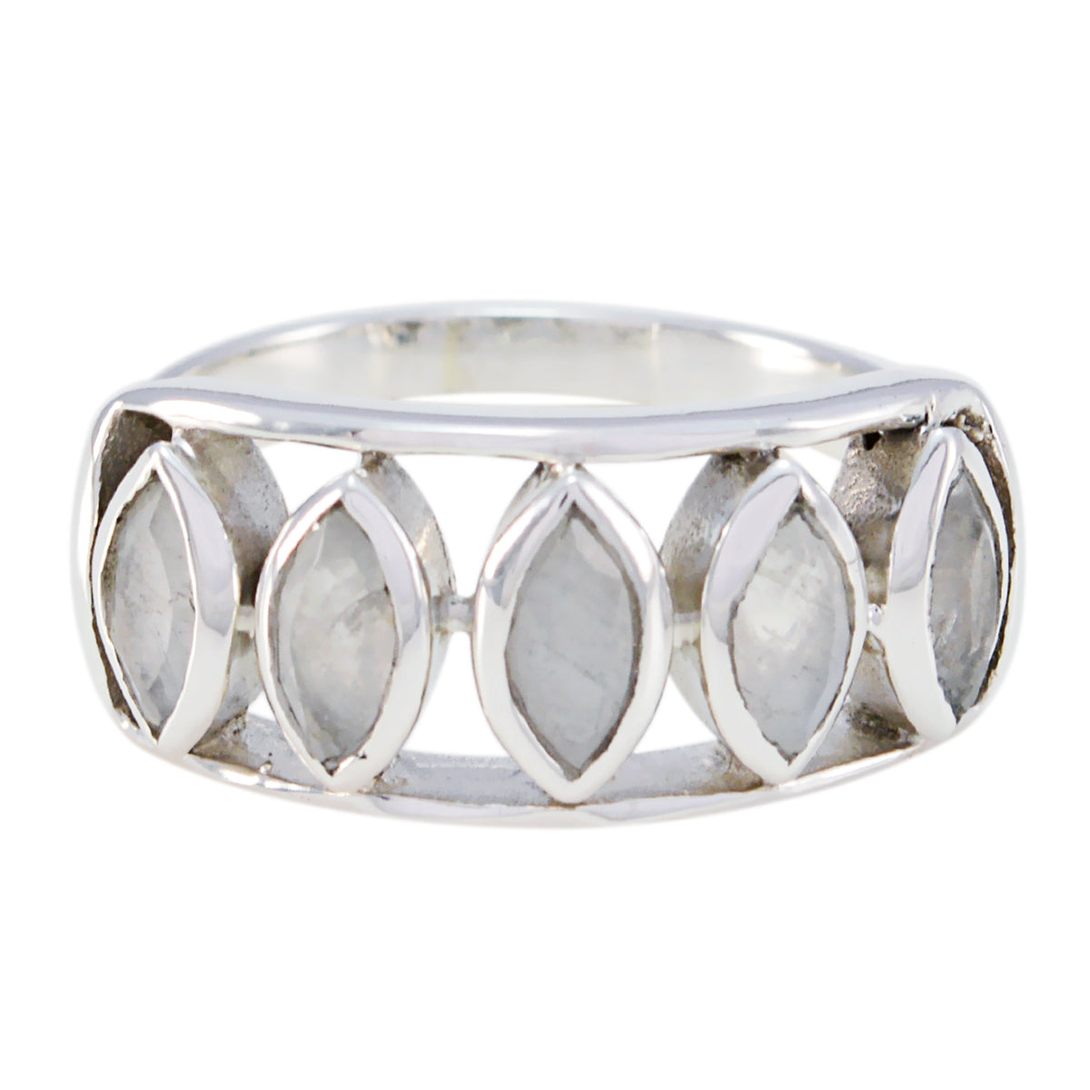 Fernanda artisan white gemstone ring with marquise shaped stones set in silver band