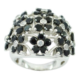 Daniela black floral statement ring with black and clear gemstones on silver band